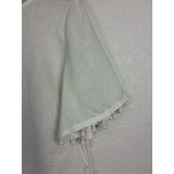 Talbots Linen Women’s Blouse Size Medium White Pom Pom Beachy Breathable Preppy - Picture 5 of 9